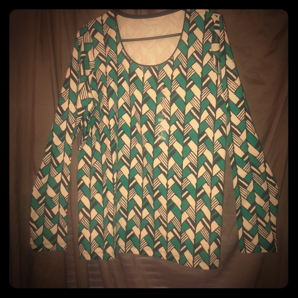 Blue, white and emerald green patterned blouse